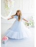 Puff Sleeves Blue Tulle Pearl Flower Girl Dress